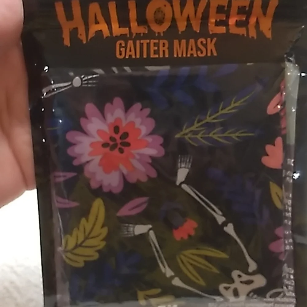 Halloween Gaiter Mask Black with Flowers and skeleton